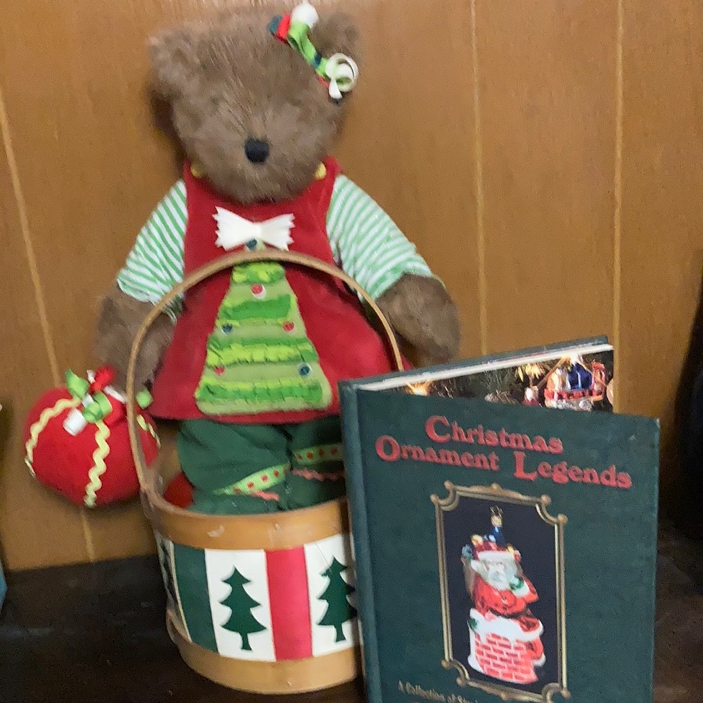 Boyd Christmas bear. Old wow book and wooden basket